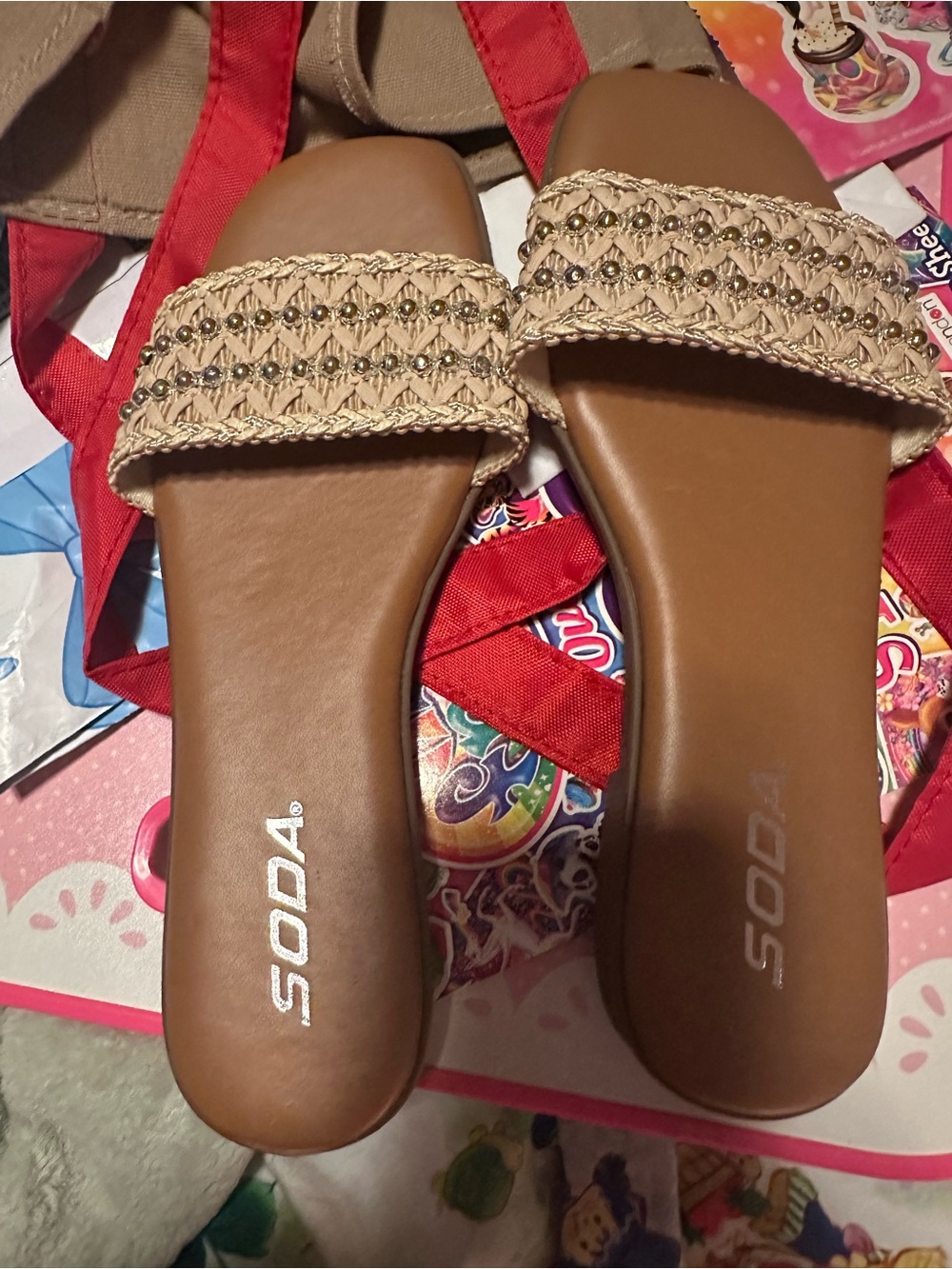 SODA Women's Brown Tan Braided Slide Sandals